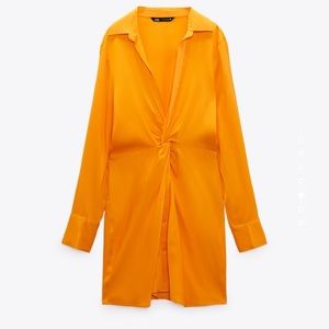 Zara Women Satin Long Sleeve Short V Neck Dress in Orange